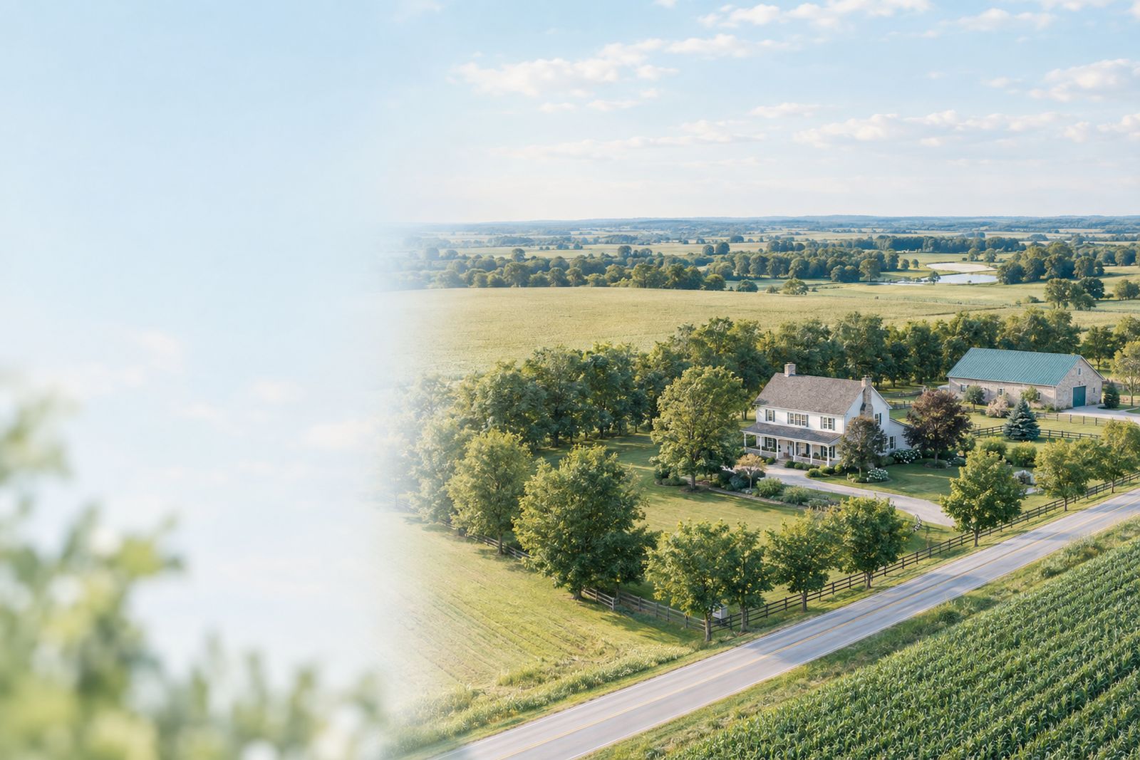 Rural farmland parcels with a farmhouse and a line of trees