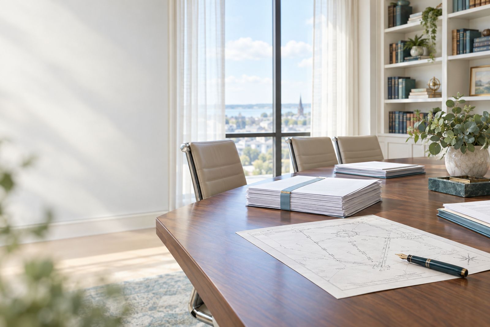 A law office conference table with closing documents and a survey plat