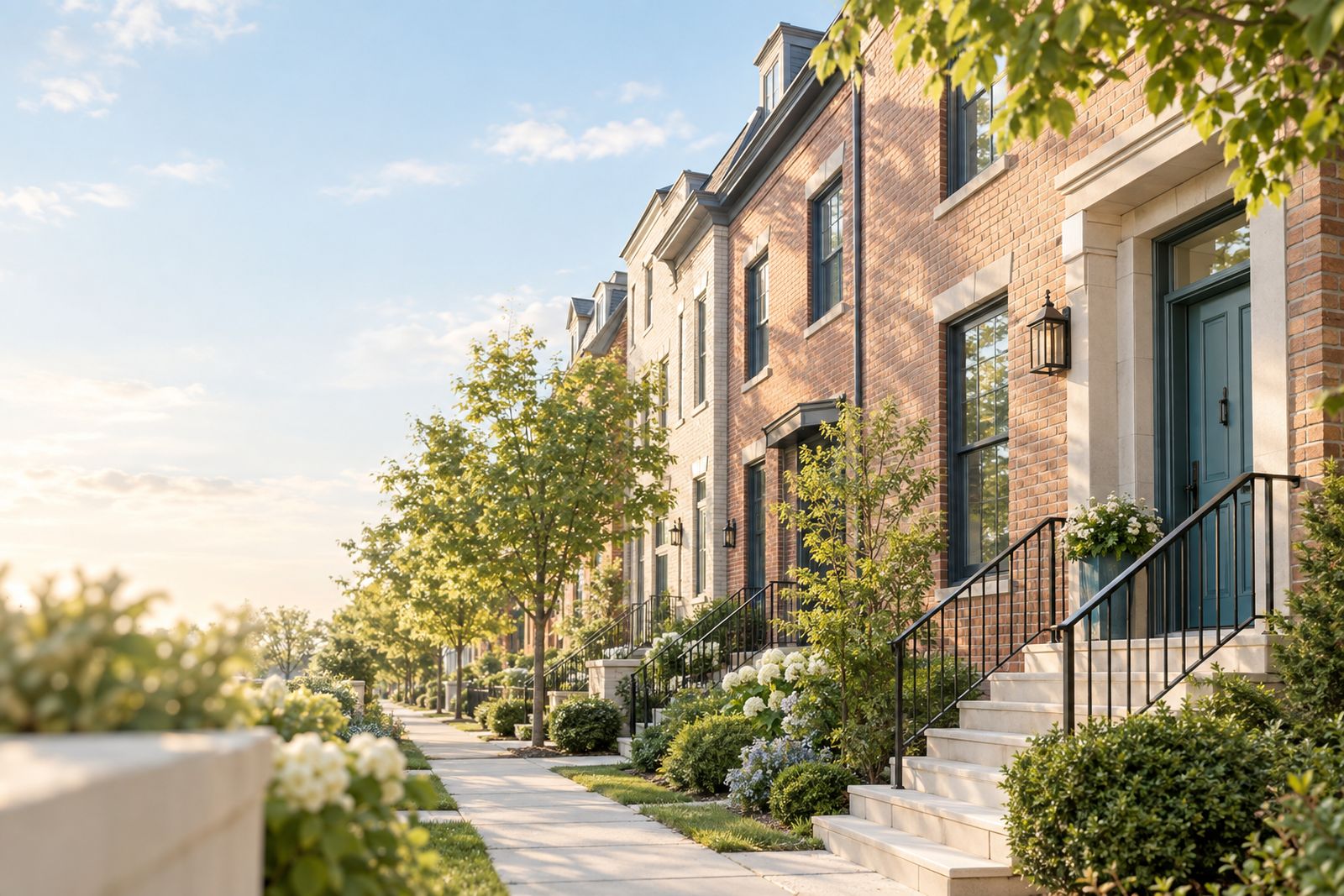 Brick townhomes with front stoops on a tree-lined street