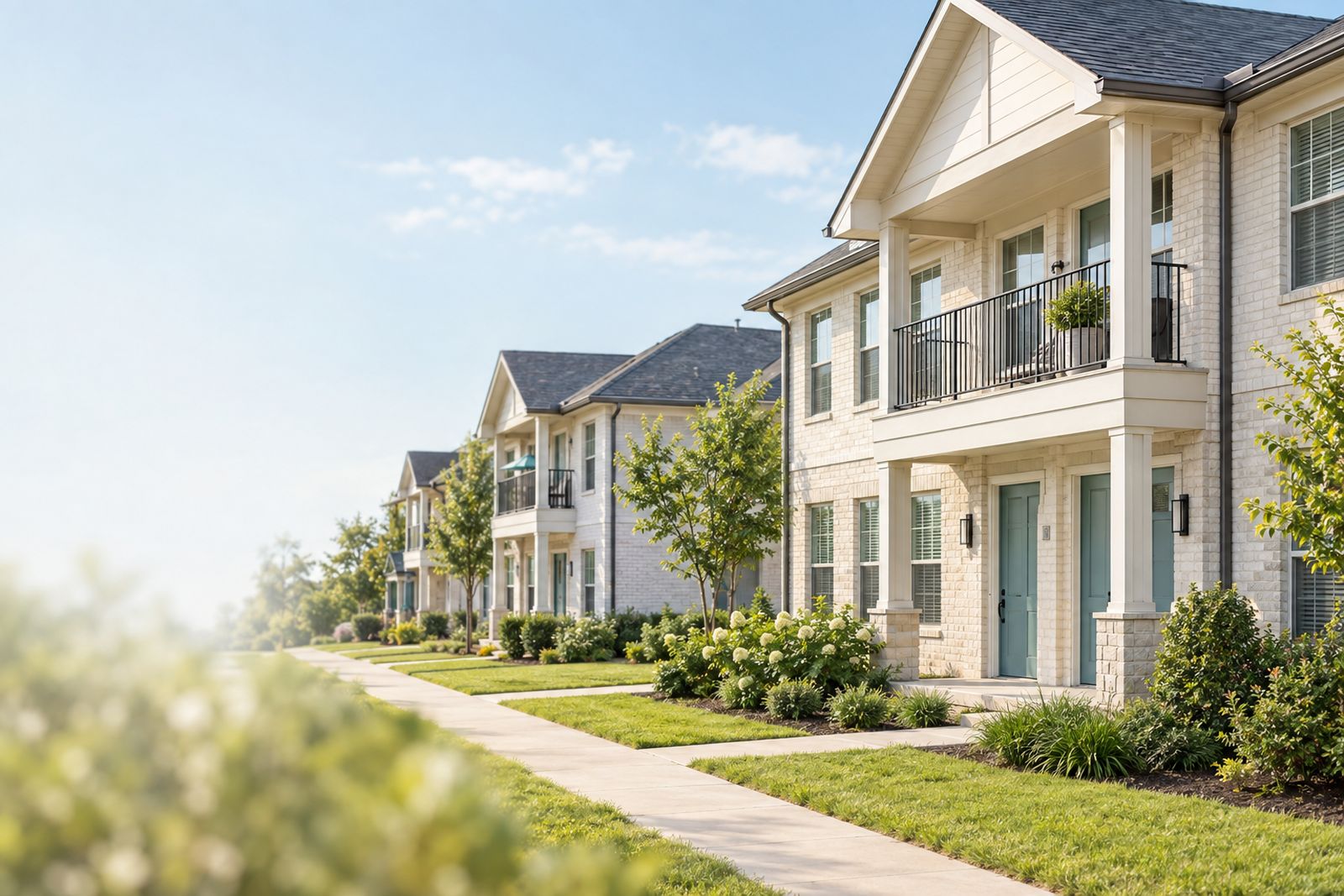 Two-story fourplex rental buildings along a landscaped walk