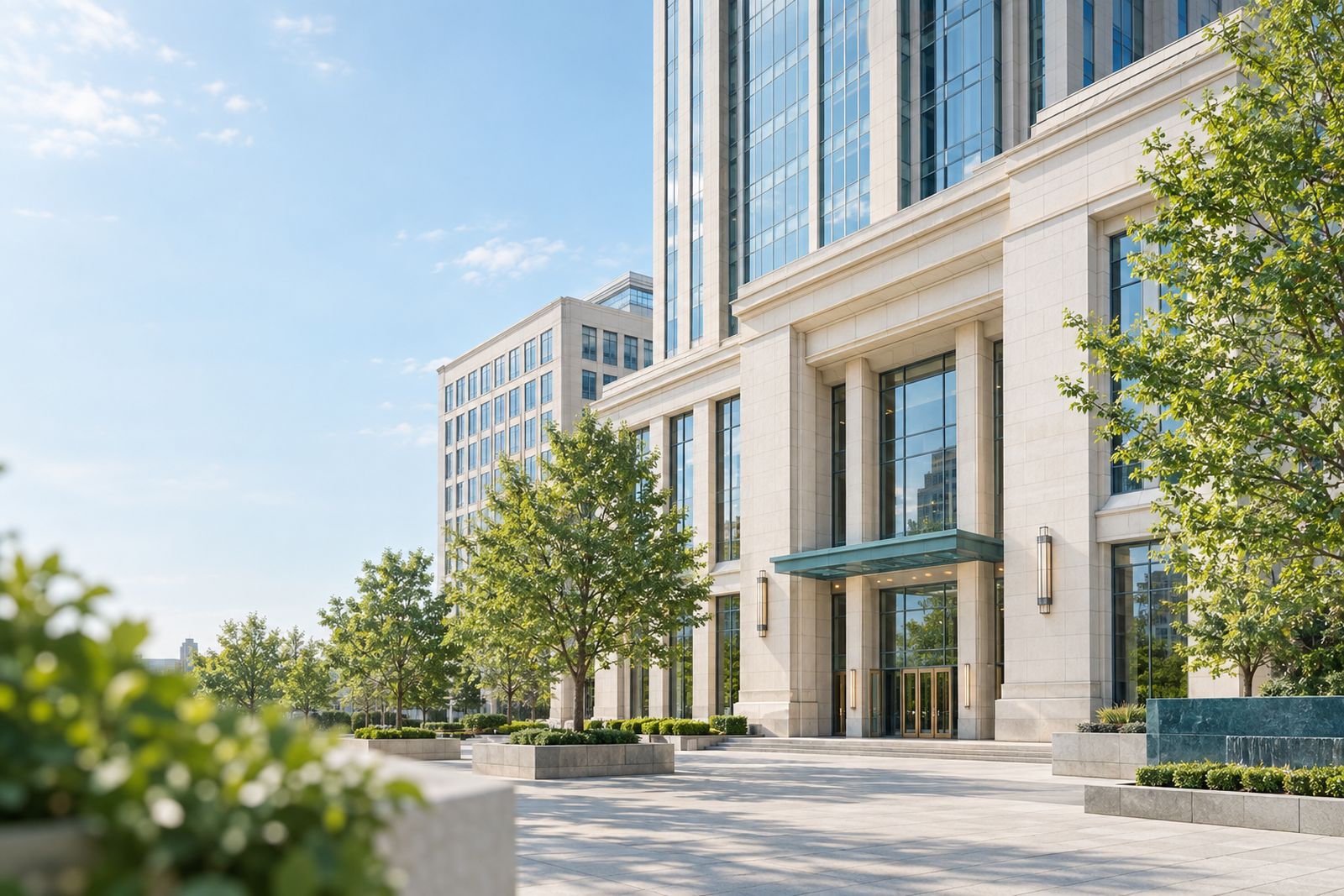 A downtown bank and office building of pale stone and glass