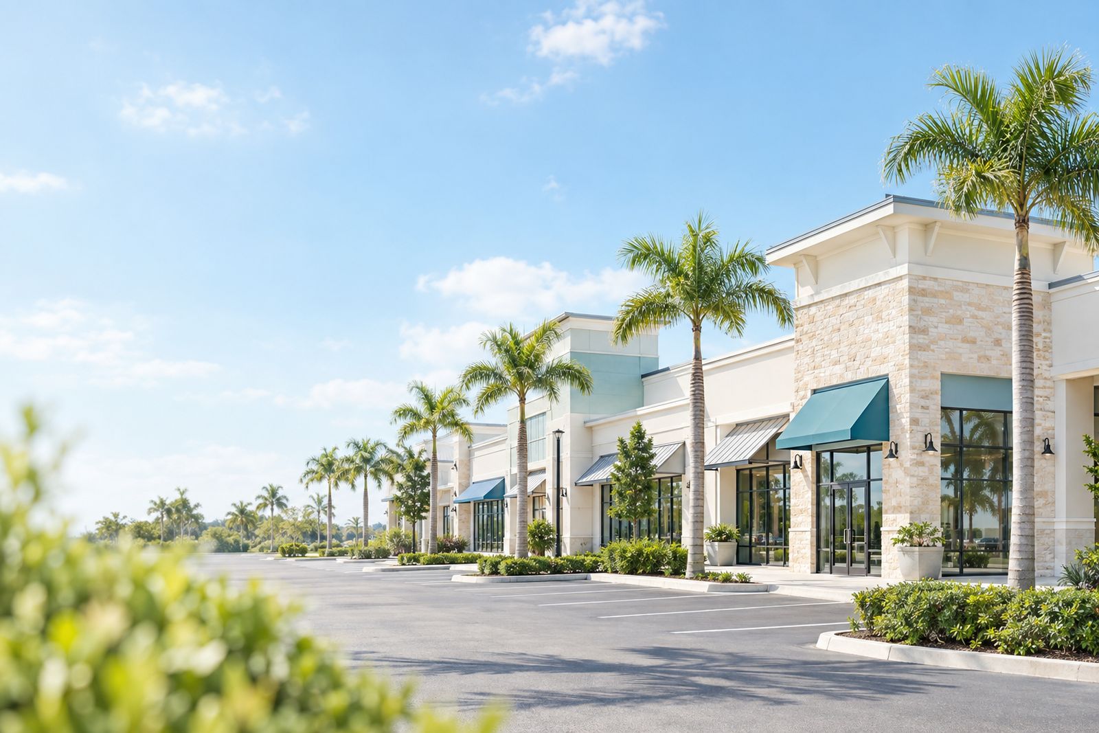 A neighborhood retail center with storefronts and palm trees