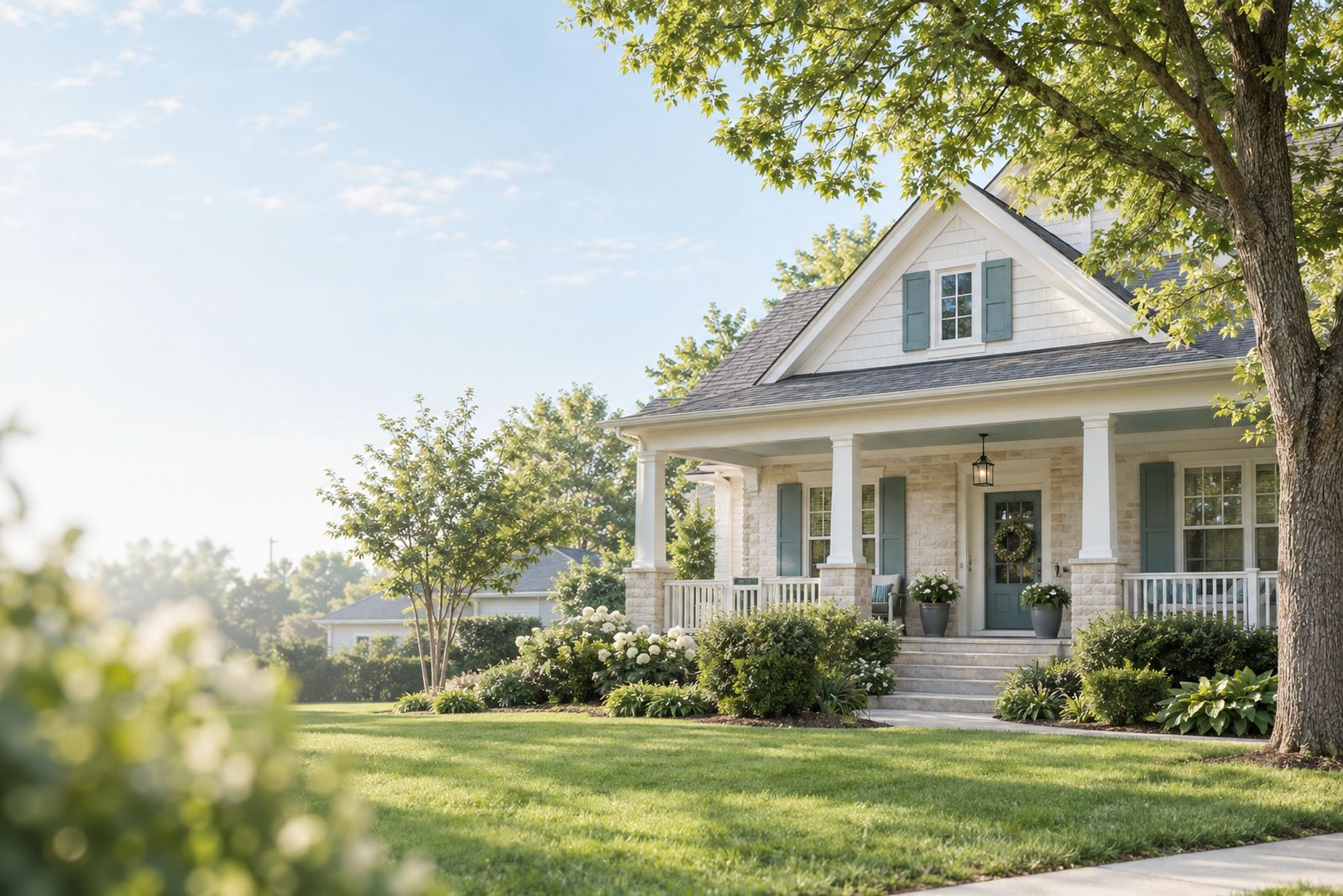 A single-family home with a front porch on a quiet street