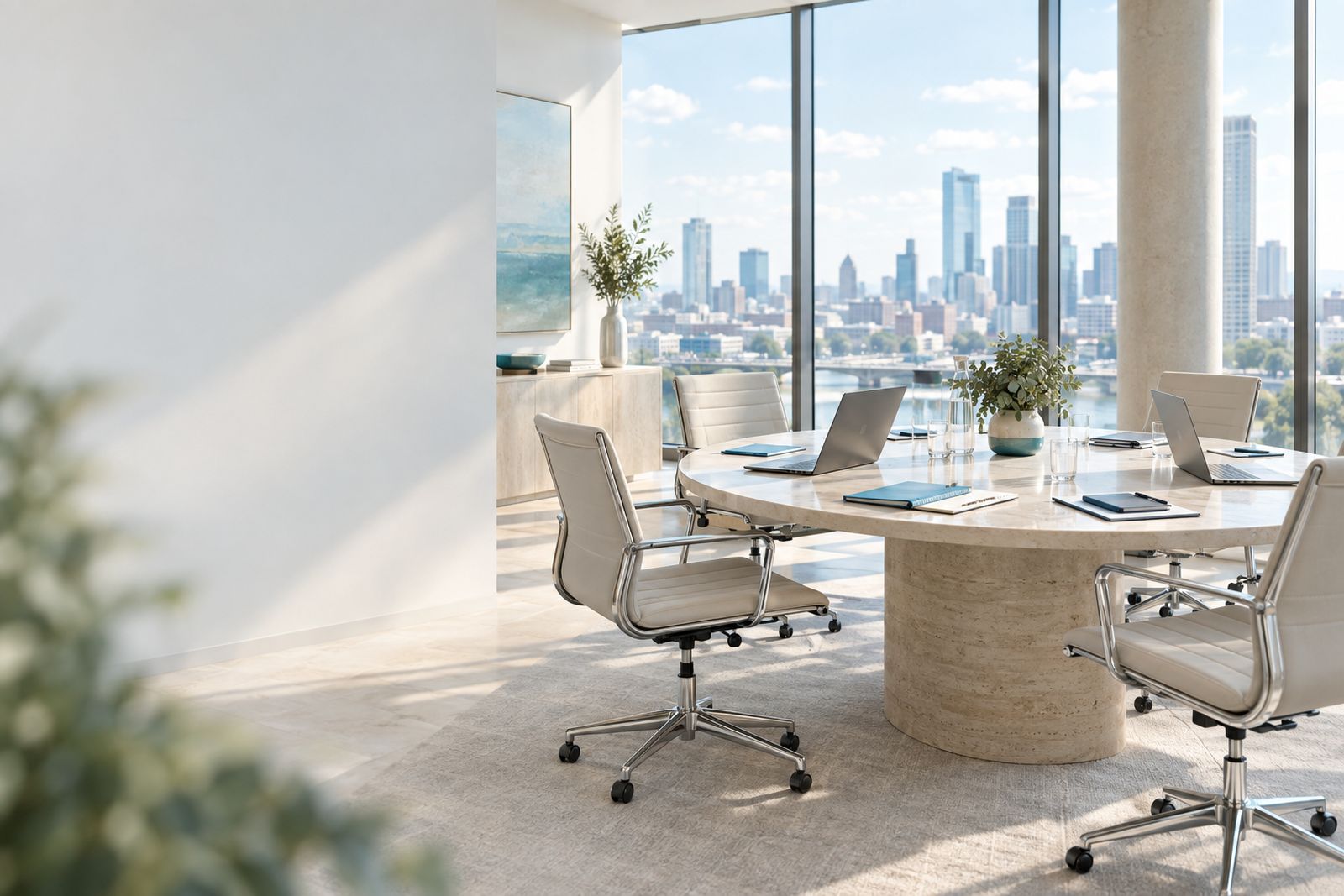 A bright conference room with a round meeting table and a city view