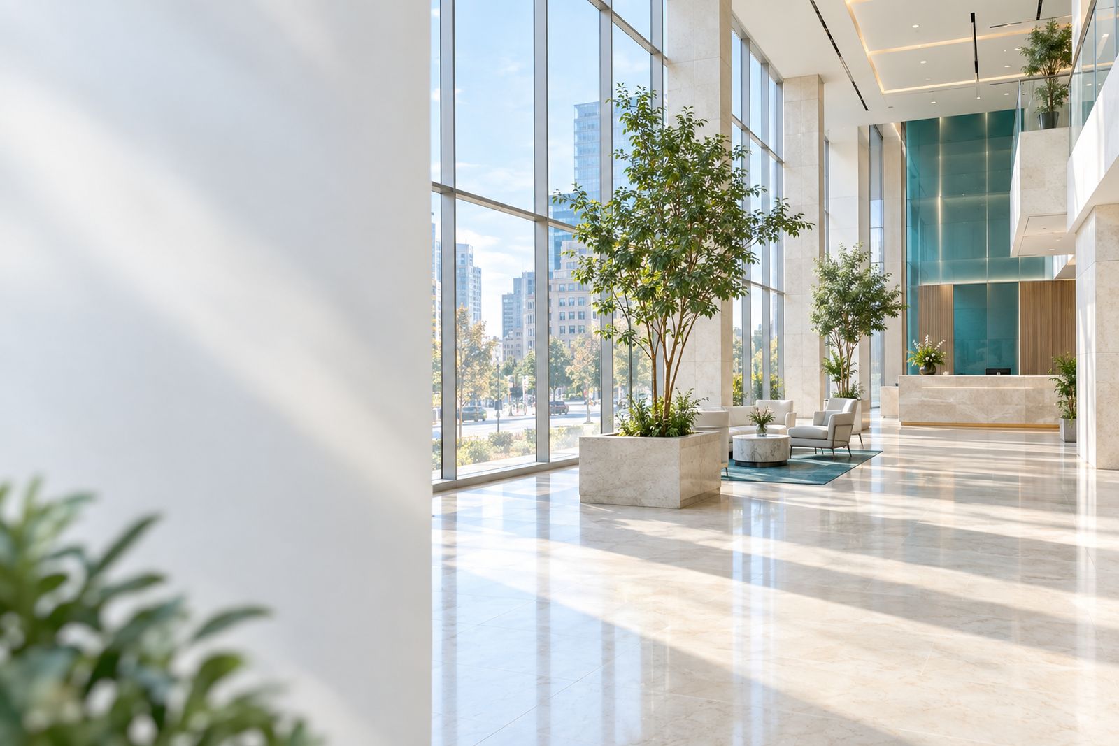A daylight office lobby at Intelligent Title into a single clear title finding