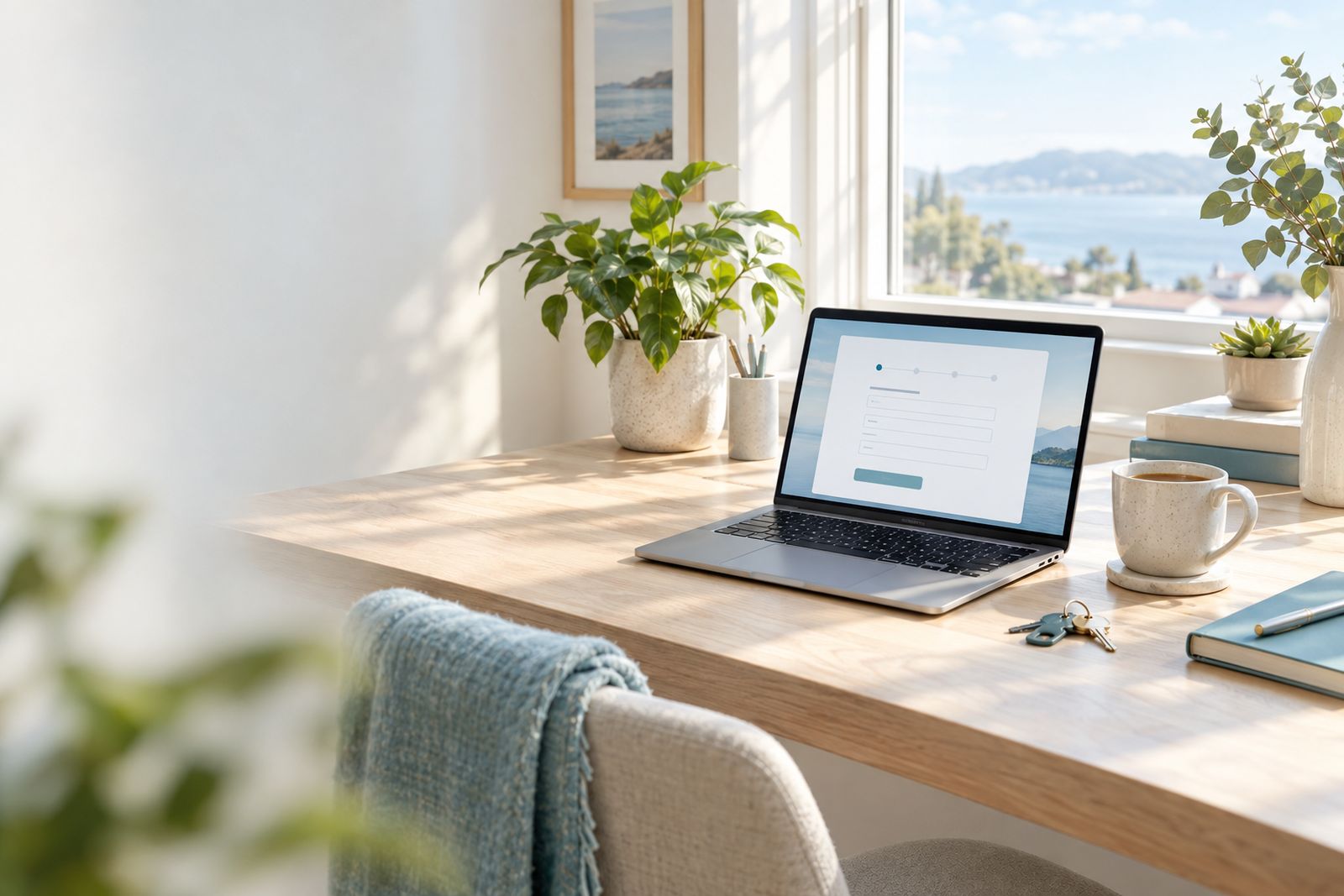 A home office desk by a sunny window with a laptop open to an order form
