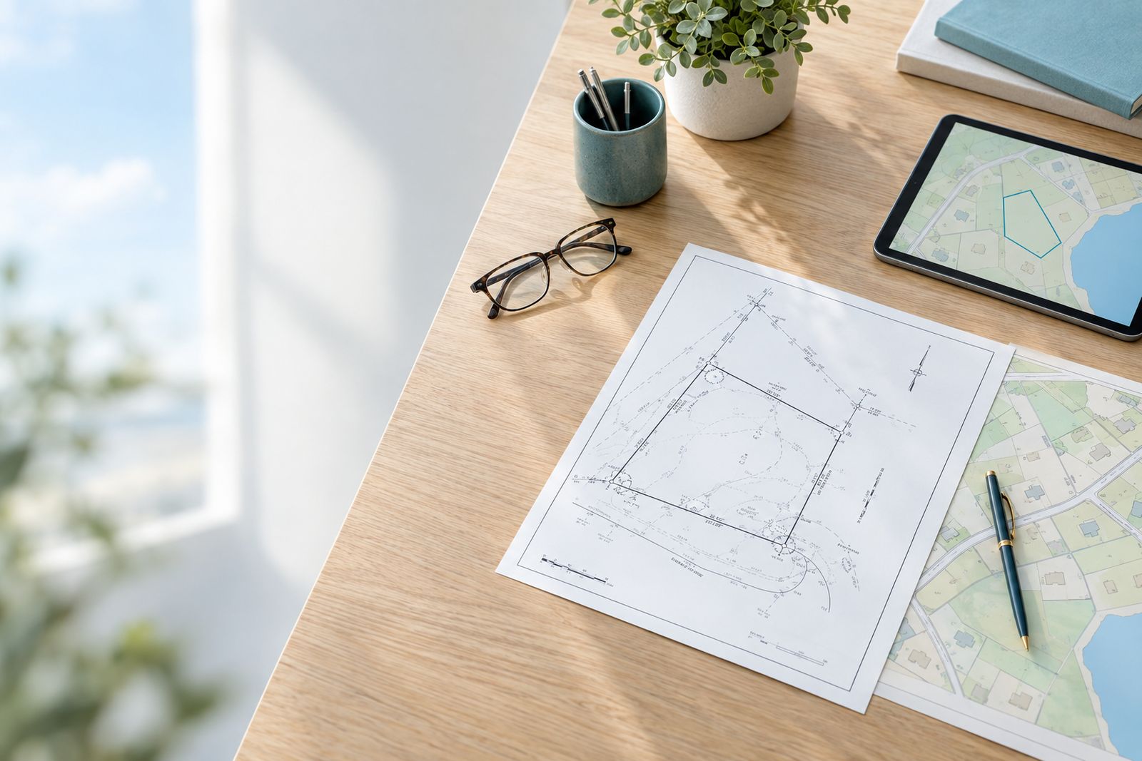 A property survey plat and parcel map on a light oak desk