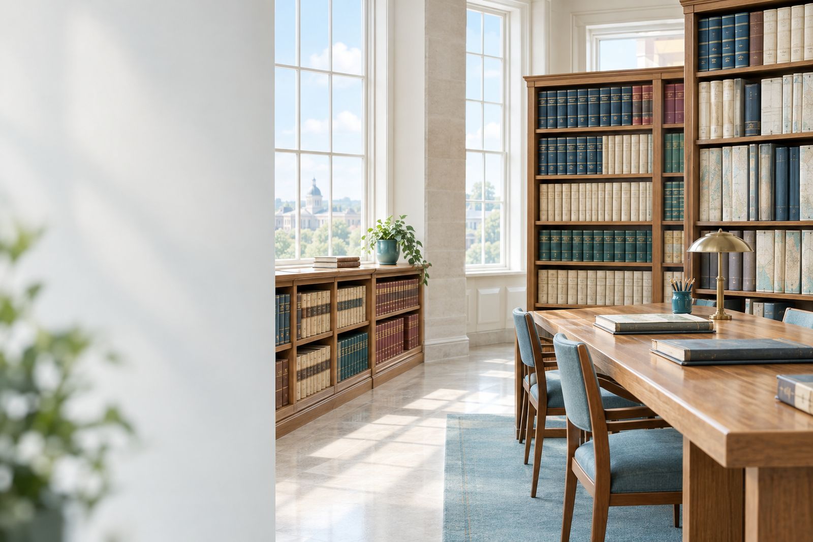 A bright county records room with bound deed and plat books