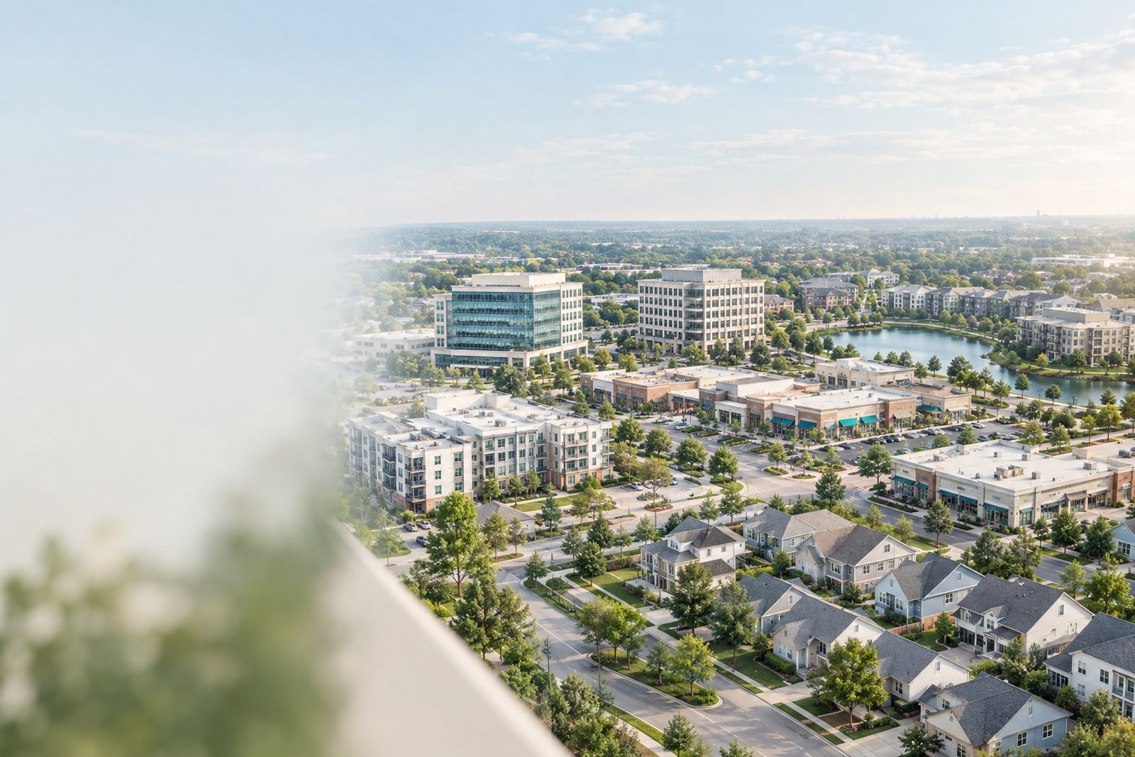 An aerial view of a town district where offices, retail, apartments and homes meet