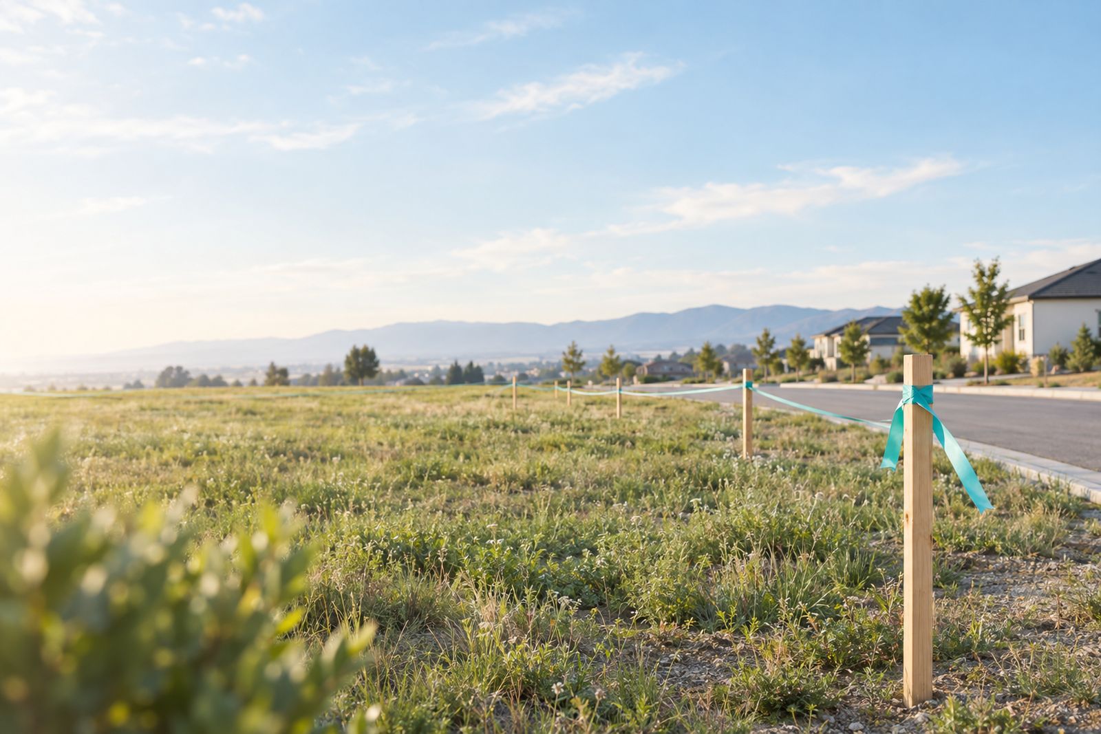 A vacant land parcel with survey stakes marking the boundary