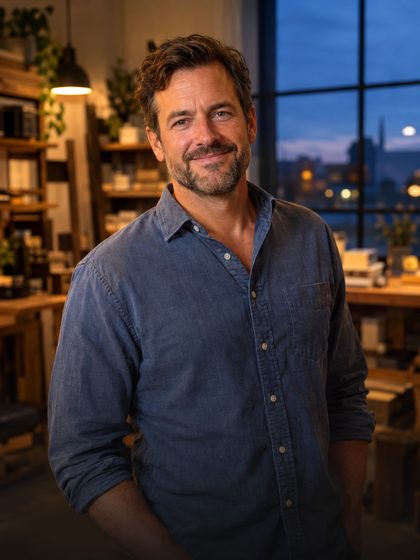 A smiling business owner in a denim shirt inside his shop