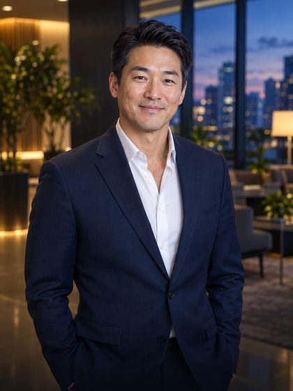 A real estate broker in a navy suit in an office overlooking the city