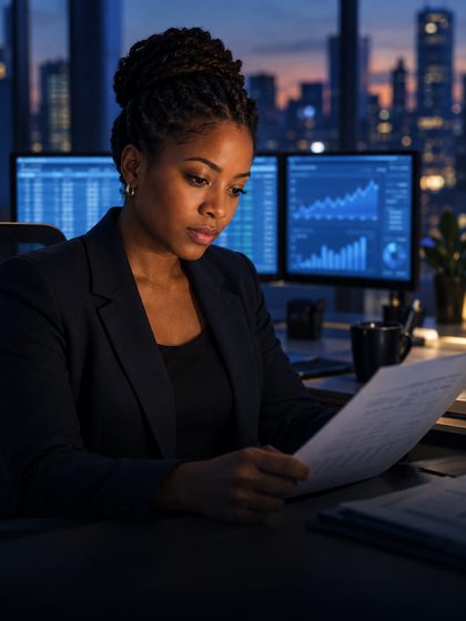 A credit analyst reviewing a document beside financial screens