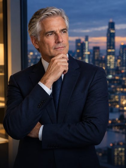 An executive in a navy suit, deep in thought, in an office overlooking the city