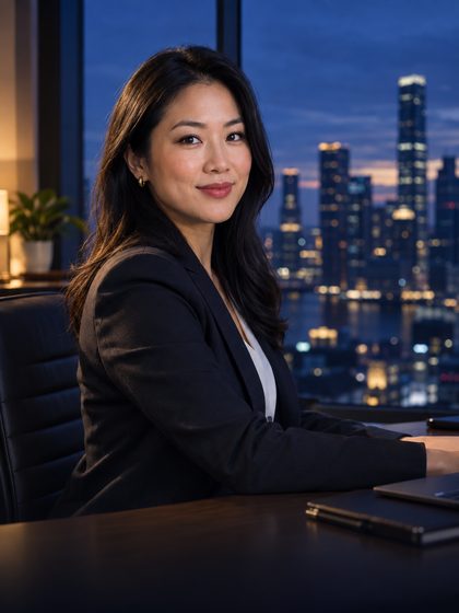 A lending officer at her desk with the city skyline behind her