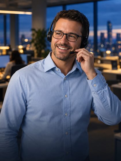 A loan officer wearing a headset, on a call with a client